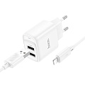 Сетевое зарядное устройство, 2 USB 2.1A (C141A), HOCO, Lightning, белый
