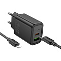 Сетевое зарядное устройство, 1 PD 20W + 1 USB 3.0 QC (N61), HOCO, Type-C to Lightning, черный
