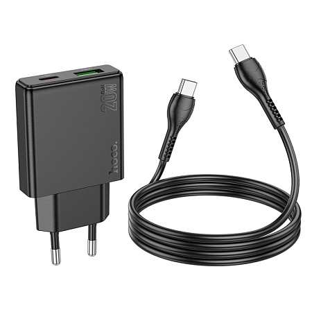 Сетевое зарядное устройство, 1 PD 20W + 1 USB 3.0 QC (N38), HOCO, Type-C to Type-C, черный