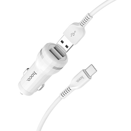 Автомобильное зарядное устройство, 2 USB 2.4A (Z27), usb cable Type-C, HOCO, белый