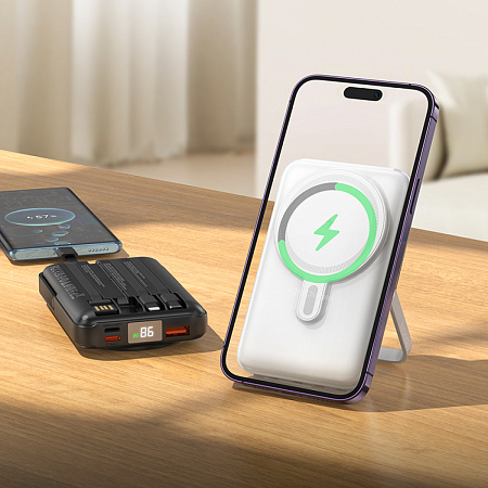 Универсальный Доп. Аккумулятор 10000mAh, J135, HOCO, 1 PD 20W+1 USB, беспроводная зарядка (MagSafe),с подставкой, черный