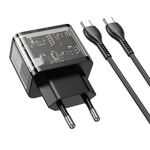 Сетевое зарядное устройство, 1 PD 20W + 1 USB 3.0 QC (N34), HOCO, Type-C to Type-C, прозрачный черный