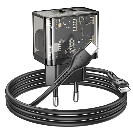 Сетевое зарядное устройство, 1 PD 20W + 1 USB 3.0 QC (N34), HOCO, Type-C to Type-C, прозрачный черный