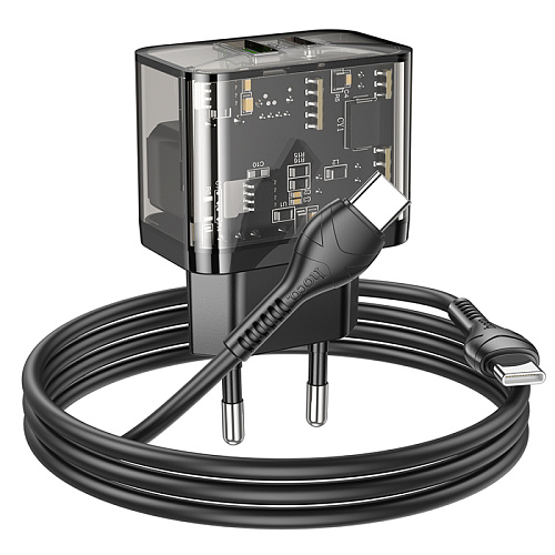 Сетевое зарядное устройство, 1 PD 20W + 1 USB 3.0 QC (N34), HOCO, Type-C to Type-C, прозрачный черный