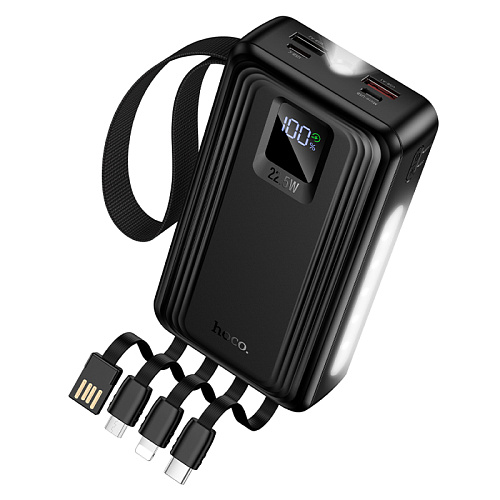 Универсальный Доп. Аккумулятор 20000mAh, J173, HOCO, выход: 1 USB (22.5W), 1 PD (20W), 4 кабеля, с дисплеем, черный