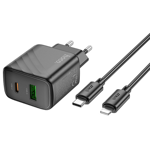 Сетевое зарядное устройство, 1 PD 30W + 1 USB 3.0 QC (CS23A), HOCO, Type-C to Lightning, черный