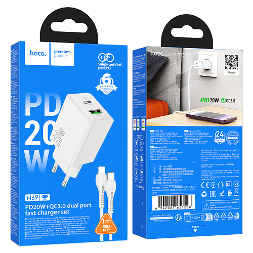 Сетевое зарядное устройство, 1 PD 20W + 1 USB 3.0 QC (N69), HOCO, Type-C to Lightning, белый