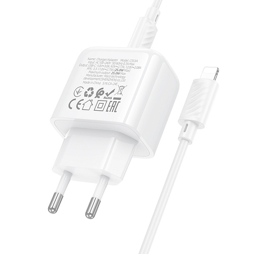 Сетевое зарядное устройство, 1 PD 25W (CS53A), HOCO, Type-C to Lightning, белый