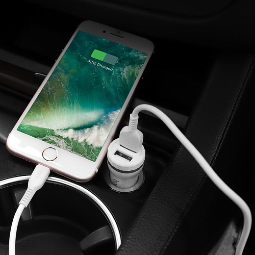 Автомобильное зарядное устройство, 2 USB 2.4A (Z27), usb cable lightning, HOCO, белый