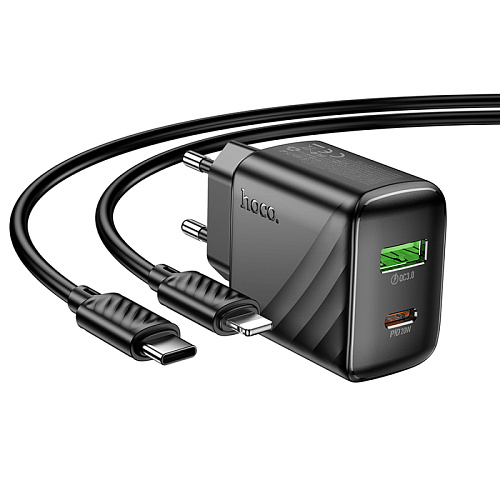 Сетевое зарядное устройство, 1 PD 20W + 1 USB 3.0 QC (CS25A), HOCO, Type-C to Lightning, черный