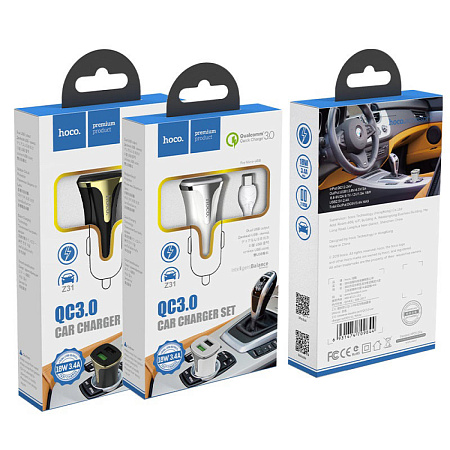 Автомобильное зарядное устройство, 2 USB 3.4A 18W QC3.0 (Z31), usb cable Micro, HOCO, белый