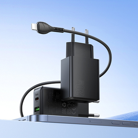 Сетевое зарядное устройство, 1 PD 20W + 1 USB 3.0 QC (N69), HOCO, Type-C to Lightning, черный