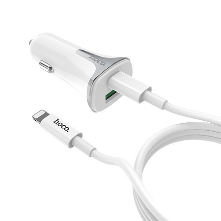 Автомобильное зарядное устройство, 1 USB QC3.0+1 PD (Z31A), HOCO, кабель Type-С to Lightning, белый