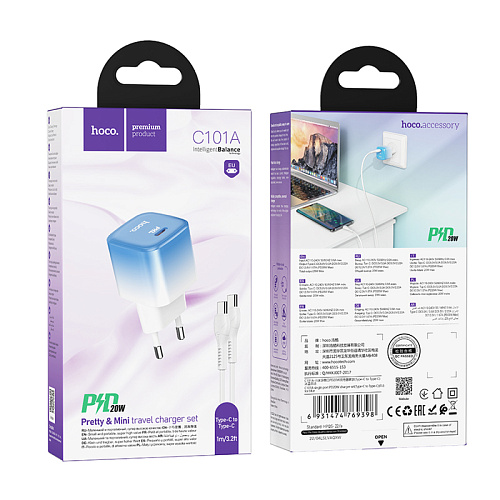 Сетевое зарядное устройство, 1 PD 20W + 1 USB 3.0 QC (C101A), HOCO, Type-C to Type-C, голубой с белым