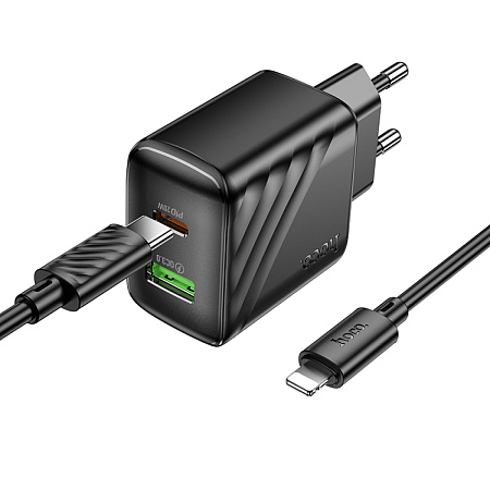 Сетевое зарядное устройство, 1 PD 20W + 1 USB 3.0 QC (CS25A), HOCO, Type-C to Lightning, черный