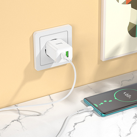 Сетевое зарядное устройство, 1 PD 18W + 1 USB 3.0 QC (N28), HOCO, Type-C to Type-C, белый