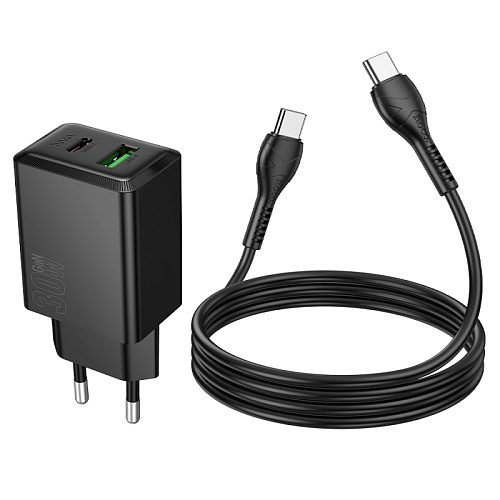 Сетевое зарядное устройство, 1 PD 30W + 1 USB 3.0 QC (N71), HOCO, Type-C to Type-C, черный