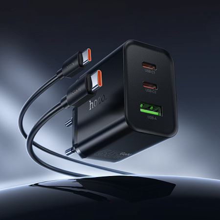 Сетевое зарядное устройство, 2 PD 65W + 1 USB 3.0 QC (N75), HOCO, Type-C to Type-C, черный