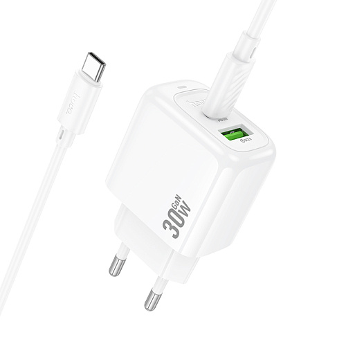 Сетевое зарядное устройство, 1 PD 30W + 1 USB 3.0 QC (CS55A), HOCO, Type-C to Type-C, белый