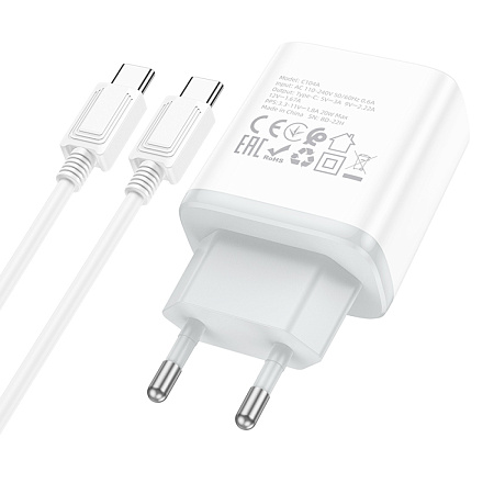 Сетевое зарядное устройство, 1 PD 20W (C104A), HOCO, Type-C to Type-C, белый