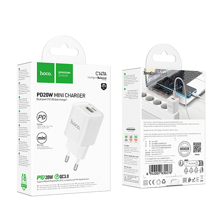 Сетевое зарядное устройство, 1 PD 20W + 1 USB 3.0 QC (C147A), HOCO, мини, белый