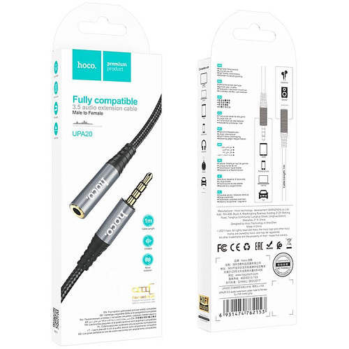 Удлинитель Jack 3.5 (1m), UPA20, HOCO, серый
