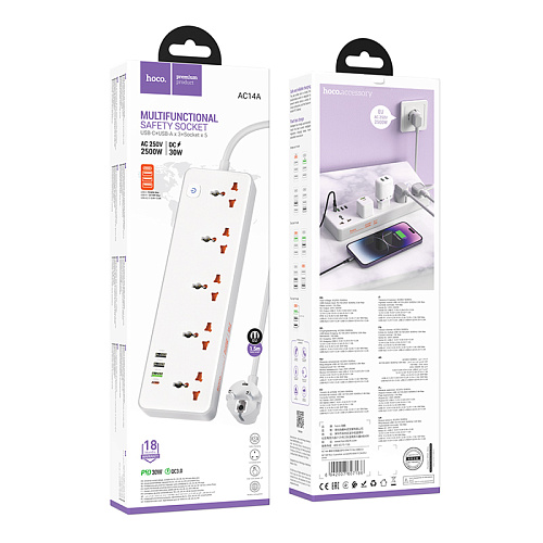 Сетевой фильтр на 5 розеток+3 USB+1 PD, 1.5м, AC14A, HOCO, белый