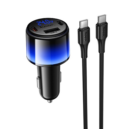 Автомобильное зарядное устройство, 1 USB 5V/2.4A + 2 PD 25W (Z69A), HOCO, кабель Type-C to Type-C, с дисплеем, черный