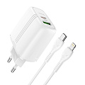 Сетевое зарядное устройство, 1 PD 20W + 1 USB 3.0 QC (N11), HOCO, Безопасный сертификат, Type-C to Lightning, белая