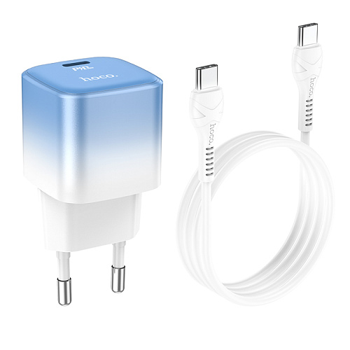 Сетевое зарядное устройство, 1 PD 20W + 1 USB 3.0 QC (C101A), HOCO, Type-C to Type-C, голубой с белым