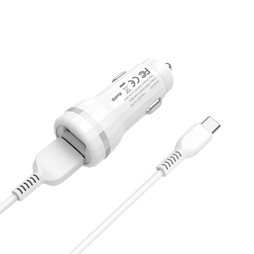 Автомобильное зарядное устройство, 2 USB 2.4A (Z27), usb cable Type-C, HOCO, белый