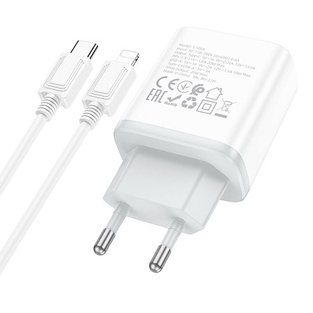 Сетевое зарядное устройство, 1 PD 20W + 1 USB 3.0 QC (C105A), HOCO, Type-C to Lightning, белый