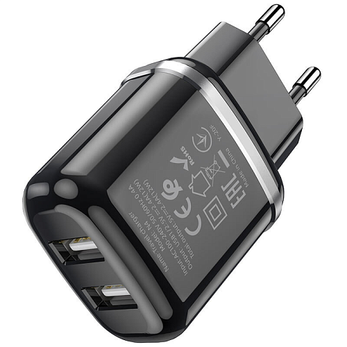 Сетевое зарядное устройство, 2 USB 2.4A 12W (N4), HOCO, Lightning, Умная зарядка, черный