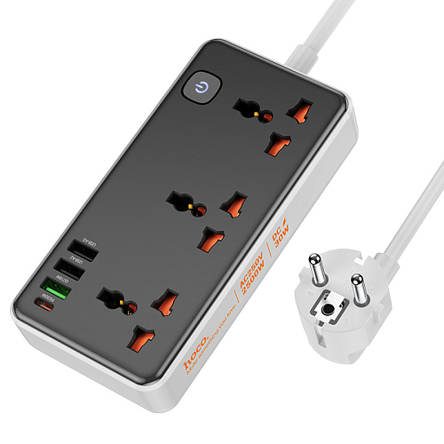 Сетевой фильтр на 3 розетки, 1 USB (18W QC)+ 2 USB, 1 PD (30W), 1.5м, AC8A, HOCO, черный