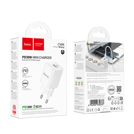 Сетевое зарядное устройство, 1 PD 30W + 1 USB 3.0 QC (C149A), HOCO, мини, белый