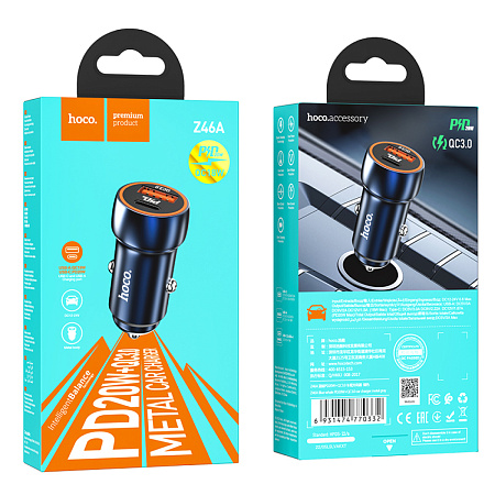 Автомобильное зарядное устройство, 1 USB QC3.0+1 PD 20W (Z46A), HOCO, синий