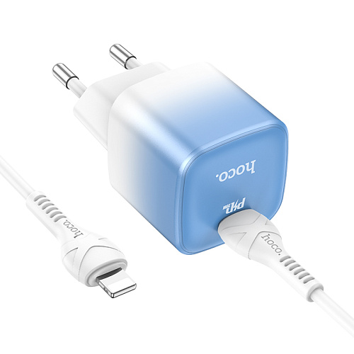 Сетевое зарядное устройство, 1 PD 20W + 1 USB 3.0 QC (C101A), HOCO, Type-C to Lightning, голубой с белым