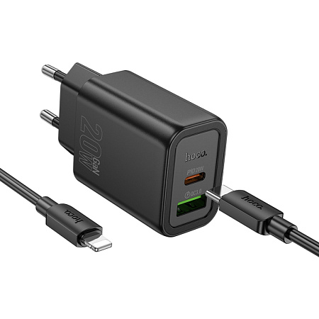 Сетевое зарядное устройство, 1 PD 20W + 1 USB 3.0 QC (N61), HOCO, Type-C to Lightning, черный