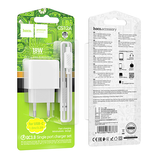 Сетевое зарядное устройство, 1 USB 3.0 QC 18W (CS12A), HOCO, Type-C, белый