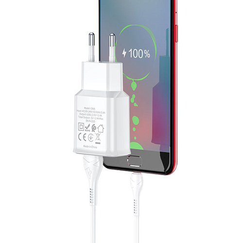 Сетевое зарядное устройство, 2 USB 2.4A (C88A), HOCO, Type-C, белый