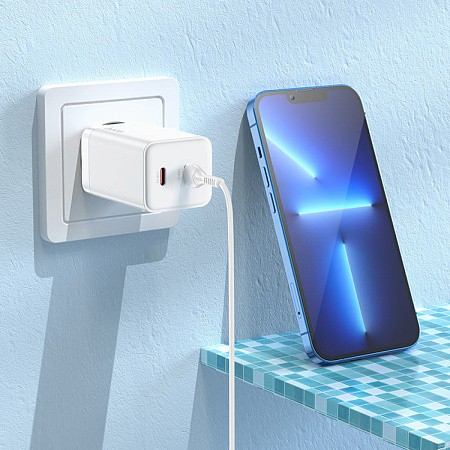 Сетевое зарядное устройство, 2 PD 45W (N23), HOCO, Type-C to Lightning, Безопасный сертификат, белый