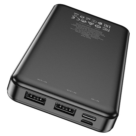 Универсальный Доп. Аккумулятор 10000mAh, J91, HOCO, выход 2 USB (2.1A), вход Micro/Type-C, черный