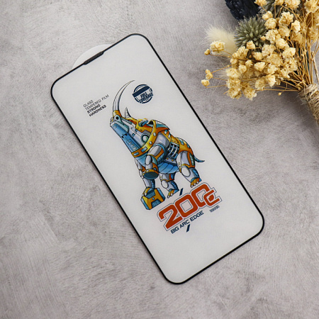 Защитное стекло на iPhone 13/13 Pro/14/16e (6.1), носорог, с сеточкой для динамика, черное, X-CASE