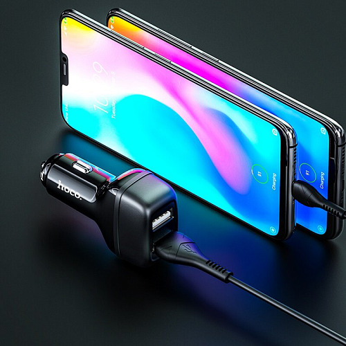 Автомобильное зарядное устройство, 2 USB 2.4A (Z36), usb cable Type-C, HOCO, черный