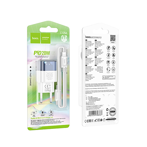 Сетевое зарядное устройство, 1 PD 20W (C125A), HOCO, Type-C to Lightning, прозрачный с синим