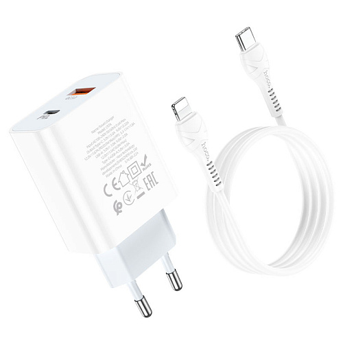 Сетевое зарядное устройство, 1 PD 20W + 1 USB 3.0 QC (C97A), HOCO, Type-C to Lightning, белый