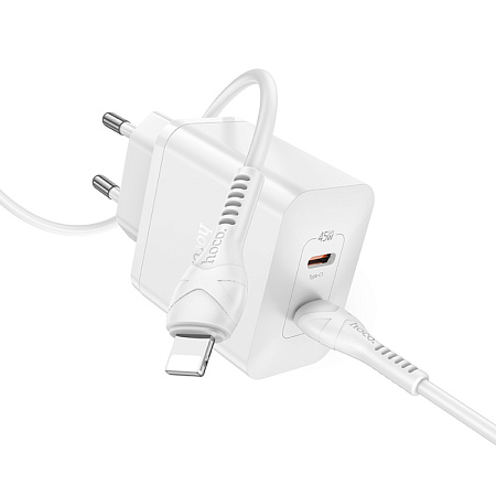 Сетевое зарядное устройство, 2 PD 45W (N35), HOCO, Type-C to Lightning, белый