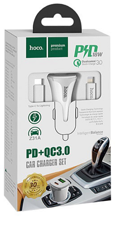 Автомобильное зарядное устройство, 1 USB QC3.0+1 PD (Z31A), HOCO, кабель Type-С to Lightning, белый
