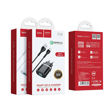 Сетевое зарядное устройство, 1 USB 3.0A (C12Q), HOCO, Type-C, черный