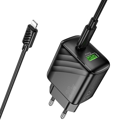 Сетевое зарядное устройство, 1 PD 20W + 1 USB 3.0 QC (CS25A), HOCO, Type-C to Lightning, черный